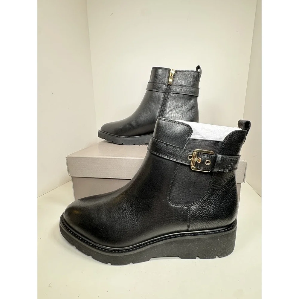 Franco Sarto Meridian Bootie Womens Size 10 Lug Sole Black Gold Buckle Fall New